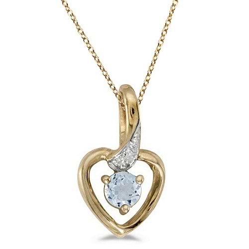 Aquamarine and Diamond Heart Pendant Necklace 14k Yellow Gold