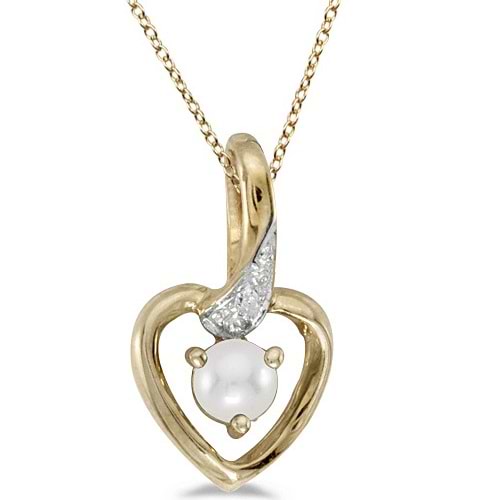Pearl and Diamond Heart Pendant Necklace 14k Yellow Gold