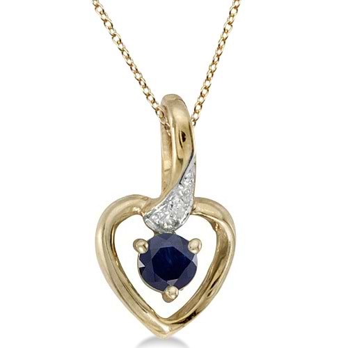 Blue Sapphire and Diamond Heart Pendant Necklace 14k Yellow Gold
