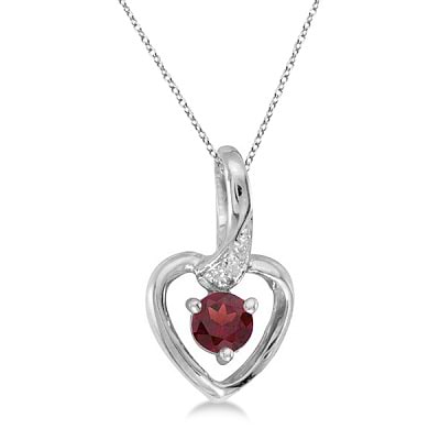 Garnet and Diamond Heart Pendant Necklace 14k White Gold