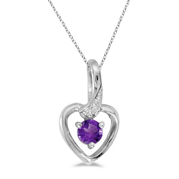Amethyst and Diamond Heart Pendant Necklace 14k White Gold