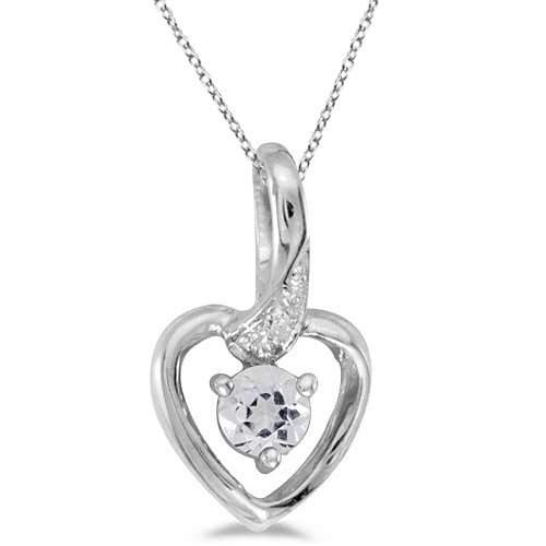 White Topaz and Diamond Accented Heart Pendant Necklace 14k White Gold