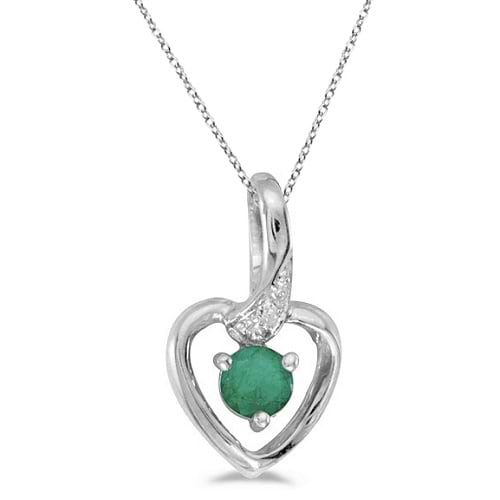 Emerald and Diamond Heart Pendant Necklace 14k White Gold