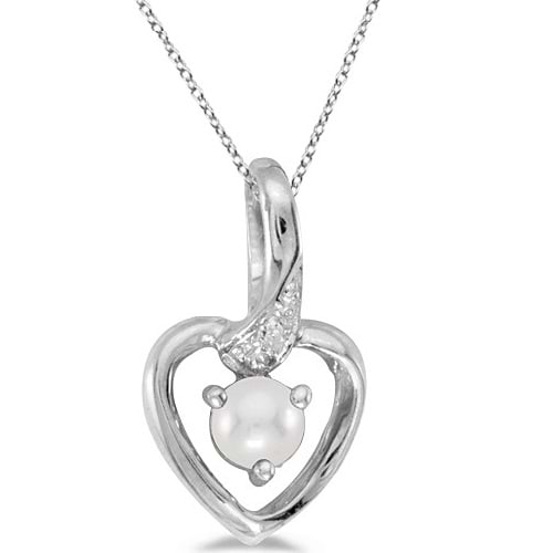 Pearl and Diamond Heart Pendant Necklace 14k White Gold