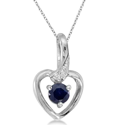 Blue Sapphire and Diamond Heart Pendant Necklace 14k White Gold