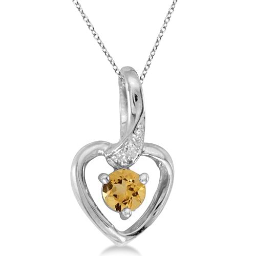 Round Citrine and Diamond Heart Pendant Necklace 14k White Gold