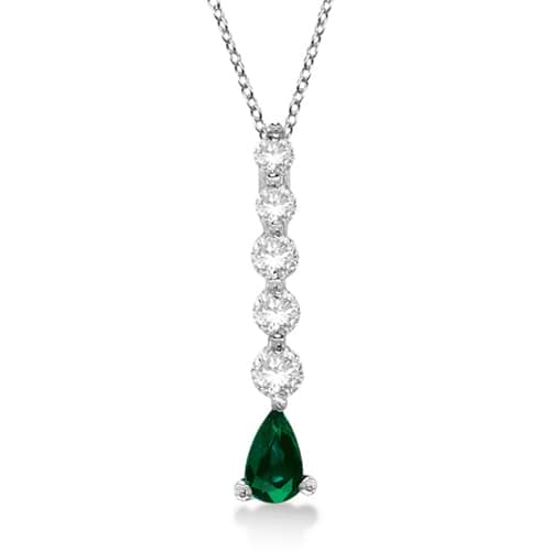 Graduated Diamond & Pear Emerald Drop Pendant 14k White Gold (0.60ctw)