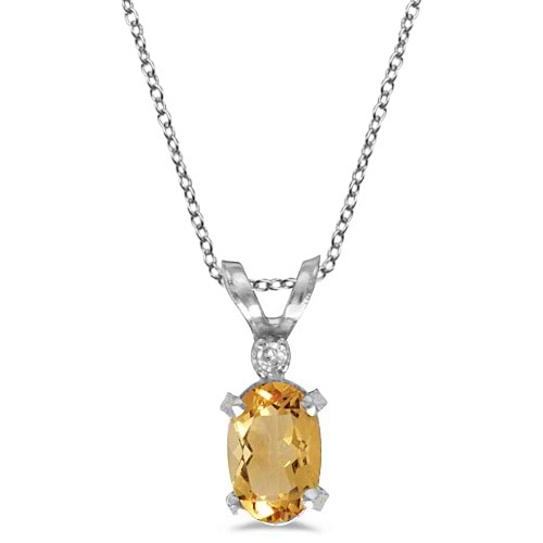 Oval Citrine and Diamond Solitaire Pendant in 14K White Gold (0.45ct)