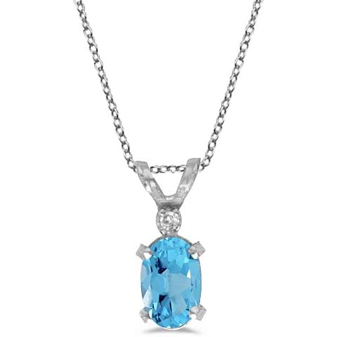 Oval Blue Topaz and Diamond Solitaire Pendant 14K White Gold (0.57ct)