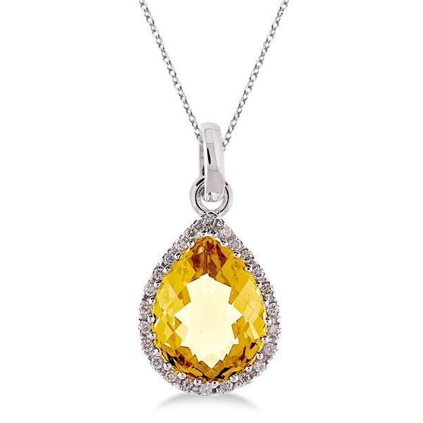 Pear Shaped Citrine and Diamond Pendant Necklace 14k White Gold