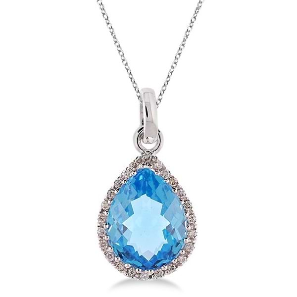Pear Shaped Blue Topaz and Diamond Pendant Necklace 14k White Gold