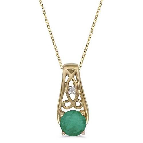 Antique Style Emerald and Diamond Pendant Necklace 14k Yellow Gold