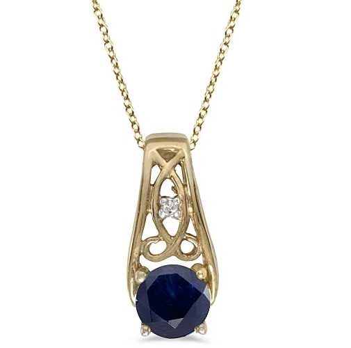 Antique Style Blue Sapphire & Diamond Pendant Necklace 14k Yellow Gold