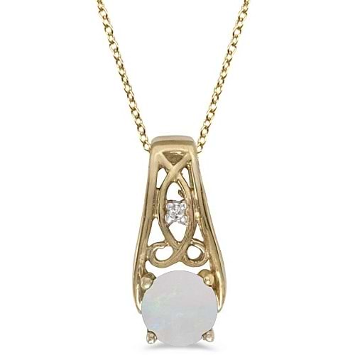 Antique Style Opal and Diamond Pendant Necklace 14k Yellow Gold