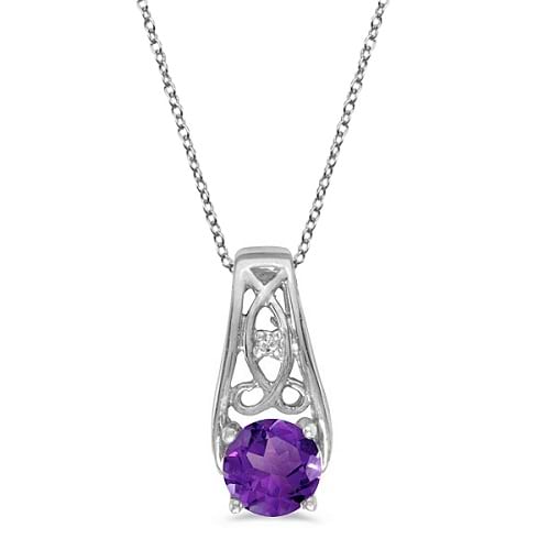 Antique Style Amethyst and Diamond Pendant Necklace 14k White Gold
