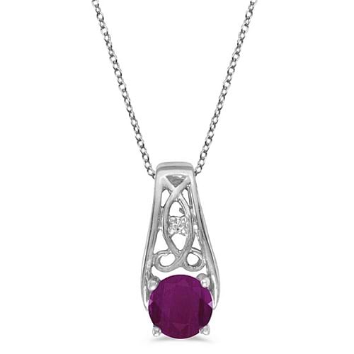 Antique Style Ruby and Diamond Pendant Necklace 14k White Gold
