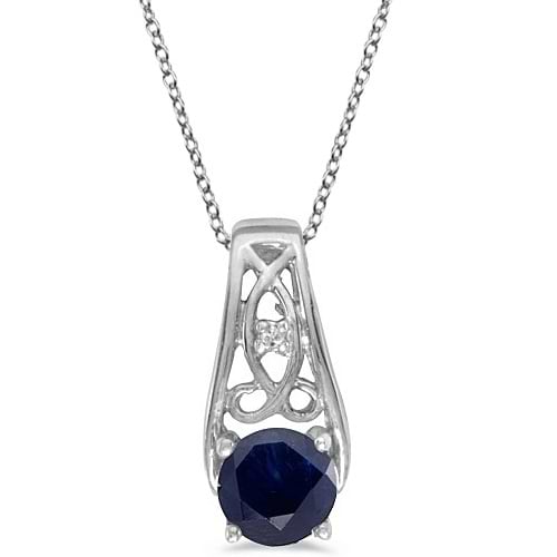 Antique Style Blue Sapphire & Diamond Pendant Necklace 14k White Gold