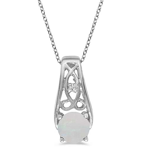 Antique Style Opal and Diamond Pendant Necklace 14k White Gold