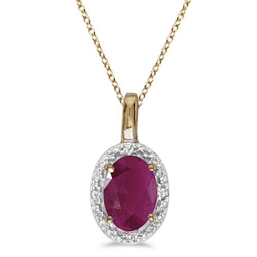 Halo Oval Ruby & Diamond Pendant Necklace 14k Yellow Gold (0.60ctw)