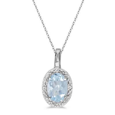 14k White Gold Oval Aquamarine And Diamond Pendant with 18" Chain 