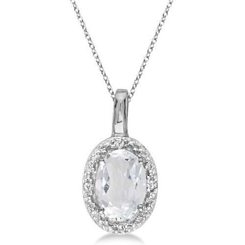 Oval White Topaz & Diamond Pendant Necklace 14k White Gold (0.60ctw)