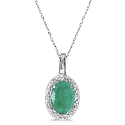 Oval Emerald & Diamond Pendant Necklace 14k White Gold (0.45ctw)