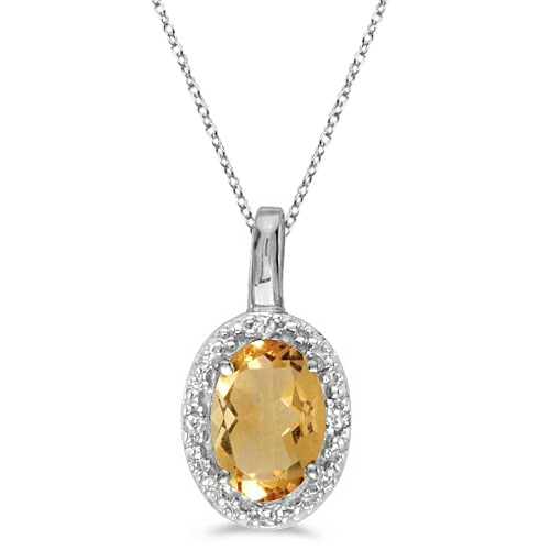 Oval Citrine & Diamond Pendant Necklace 14k White Gold (0.47tcw)