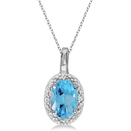 Oval Blue Topaz & Diamond Pendant Necklace 14k White Gold (0.59ctw)