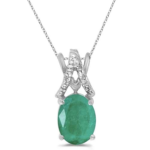 Emerald & Diamond Solitaire Pendant 14k White Gold (1.10tcw)