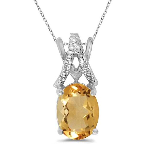 Oval Citrine & Diamond Pendant Necklace 14k White Gold (1.40tcw)