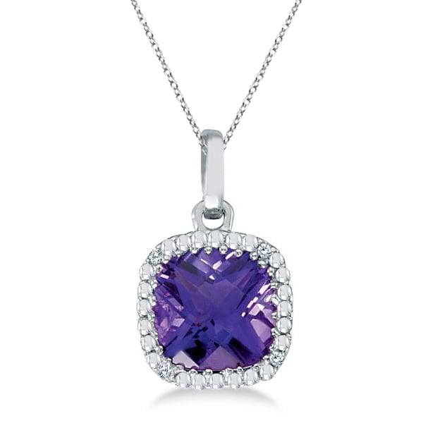 Cushion-Cut Amethyst and Diamond Pendant Necklace 14K White Gold (7mm)