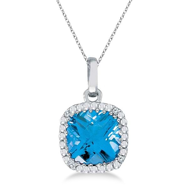 Cushion-Cut Blue Topaz & Diamond Pendant Necklace 14K White Gold (7mm)
