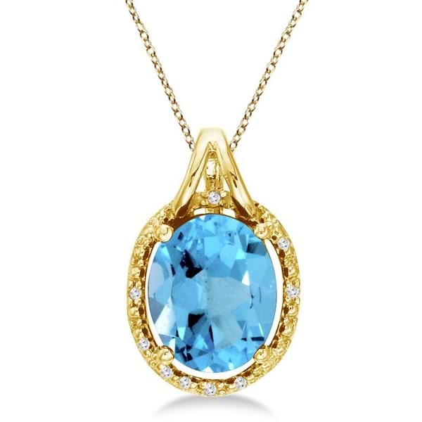 Oval Blue Topaz and Diamond Pendant Necklace 14k Yellow Gold (3.00ct)