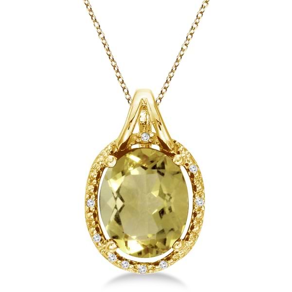 Oval Lemon Quartz & Diamond Pendant Necklace 14k Yellow Gold (3.00ct)