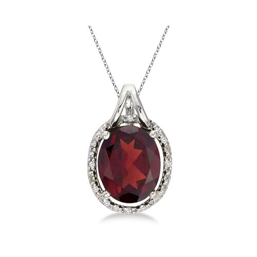 Oval Garnet and Diamond Pendant Necklace 14k White Gold (3.00ct)