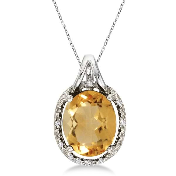 Oval Citrine and Diamond Pendant Necklace 14k White Gold (3.00ct)