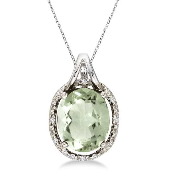 Oval Green Amethyst & Diamond Pendant Necklace 14k White Gold (3.00ct)