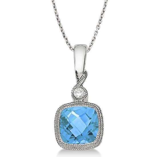 Blue Topaz & Diamond Vintage Pendant Necklace 14k White Gold (0.93ct)