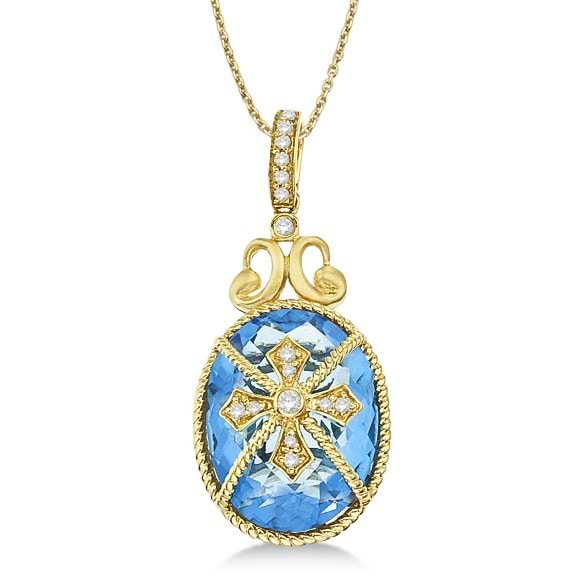 Blue Topaz & Diamond Byzantine Pendant Necklace 14k Yellow Gold (9.36ct)
