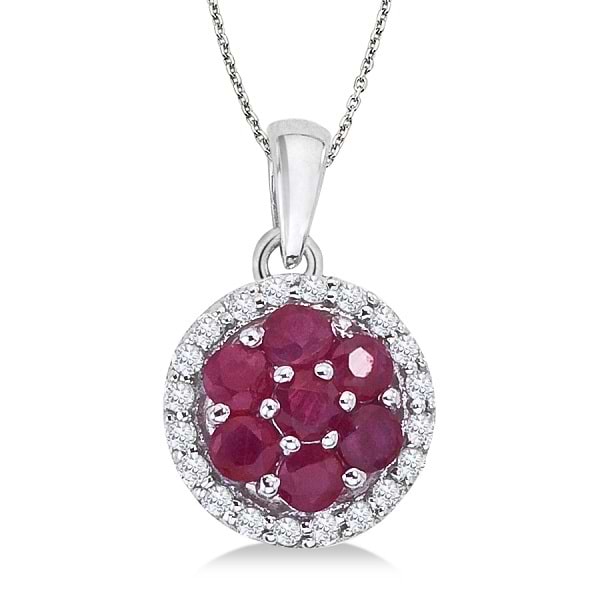Diamond & Ruby Cluster Pendant Necklace 14k White Gold (0.80ct)