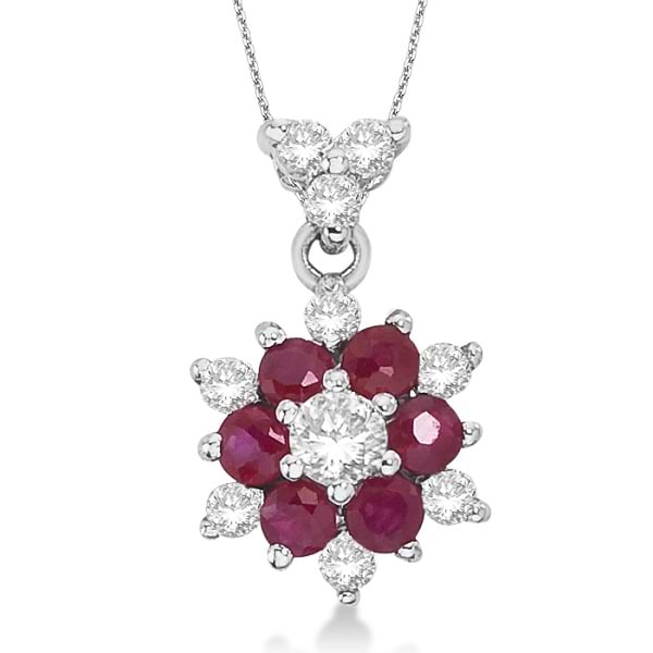 Diamond & Ruby Cluster Pendant Necklace 14k White Gold (0.50ct)