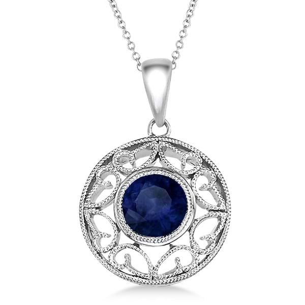 Antique Blue Sapphire Circle Pendant Necklace 14k White Gold (1.10ct)