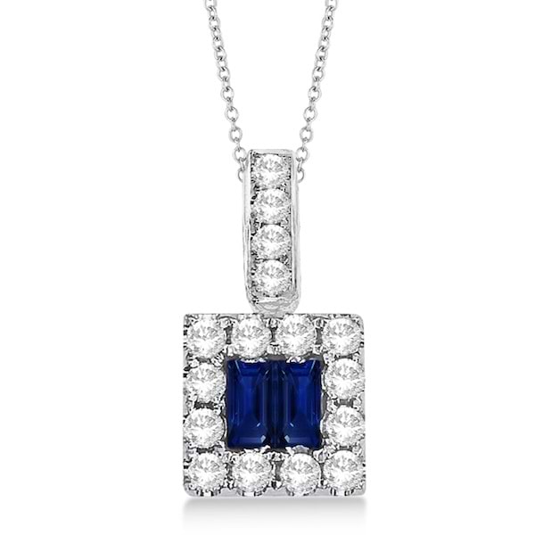 Baguette Sapphire & Diamond Pendant Necklace 14k White Gold (0.45ct)