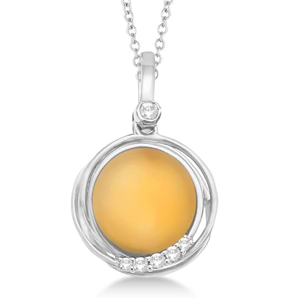 Frosted Citrine & Diamond Pendant Necklace 14k White Gold (6.29ct)