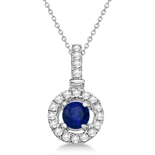 Blue Sapphire Floating Halo Pendant Necklace 14K White Gold (0.47ct)