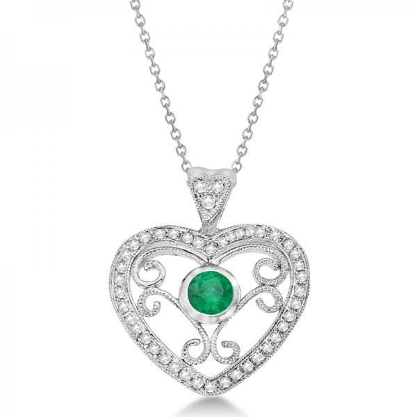 Emerald Filigree Heart Pendant Necklace in 14K White Gold (0.34ct)