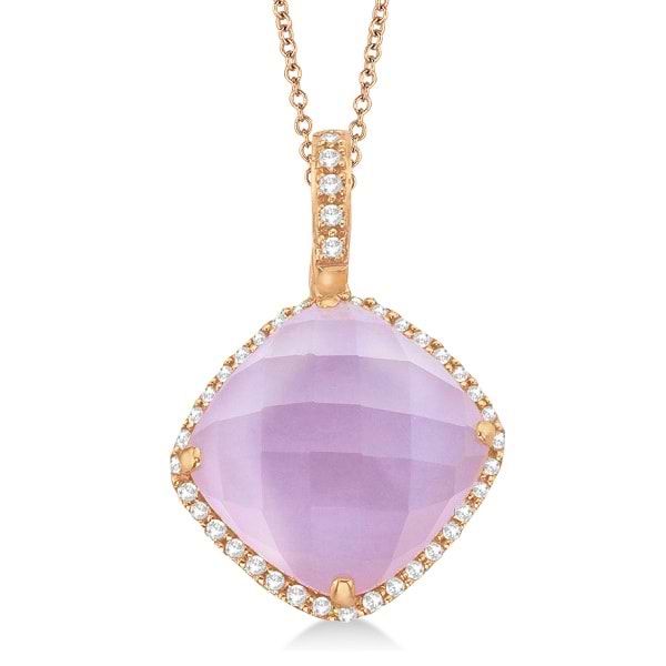 Cushion Rose Quartz & Diamond Pendant Necklace 14k Pink Gold (14.91ct)