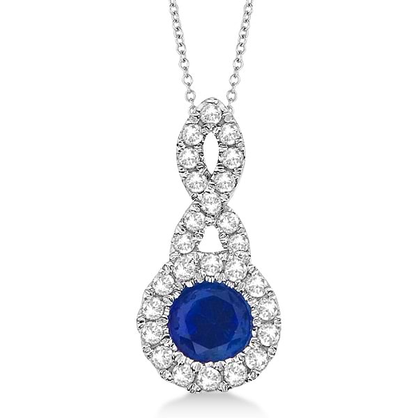Blue Sapphire & Diamond Swirl Pendant Necklace 14K White Gold (0.39ct)
