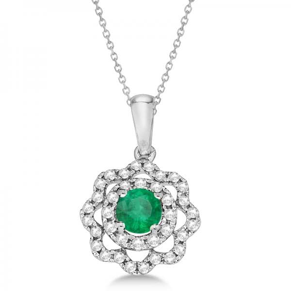 Green Emerald Flower Pendant Necklace in 14K White Gold (0.54ct)