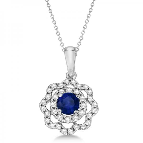 Blue Sapphire Flower Design Pendant Necklace 14K White Gold (0.62ct)